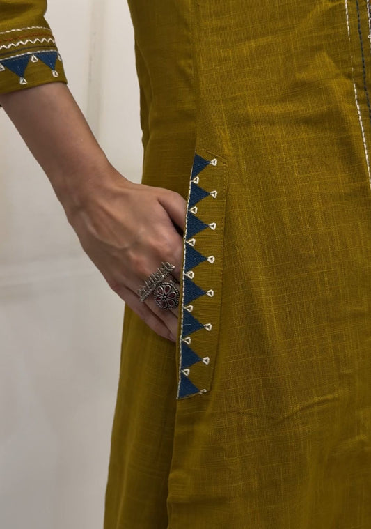 Mustard Cotton Kurta Pant Set With Delicate Multicolour Embroidery.