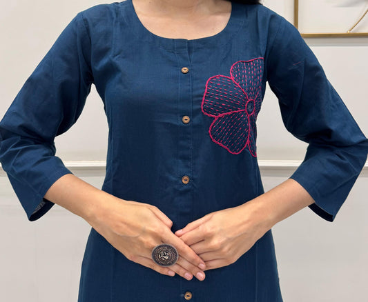 Deep Navy Blue Cotton Kurta Set Adorned With Hand Embroidery Floral Motifs.