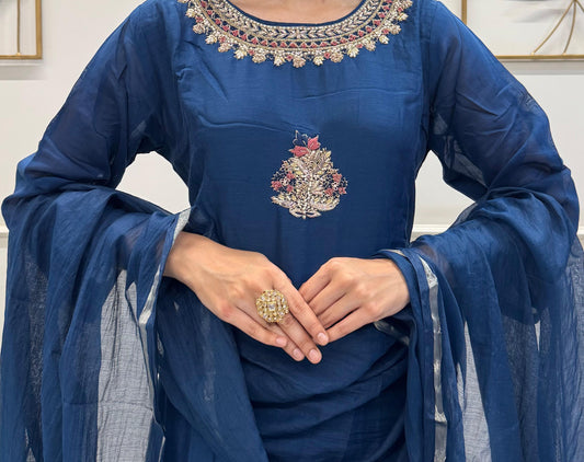 Blue Mul Chanderi Silk Kurta Pant Set With Handwork And Stunning Chanderi Dupatta.