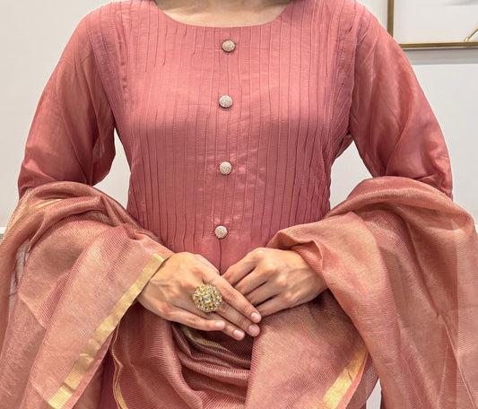 A Dusty Pink Mul Chanderi Kurta Set With Pearl Handwork Sleeves And Paired With A Chanderi Dupatta.