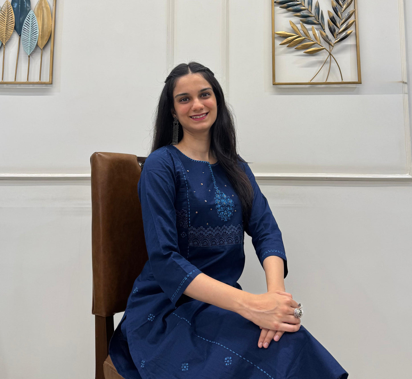 Deep Navy Kurta Set Crafted In Soft Organic Cotton With Block Prints, Tiny Sequins, And A Lace Detailed Neckline.