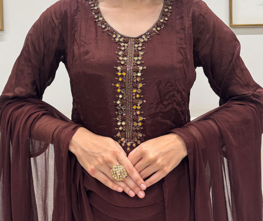 Chinon Silk Indo-Western Set With Intricate Handwork On The Neckline