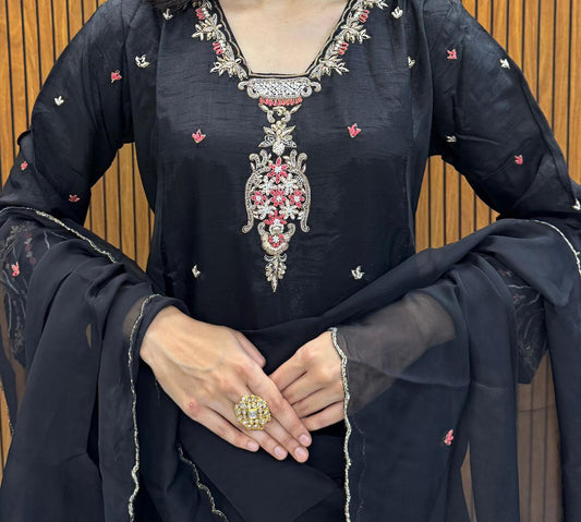 Black Silk Kurta Palazzo Dupatta Set With Embroidery Work.