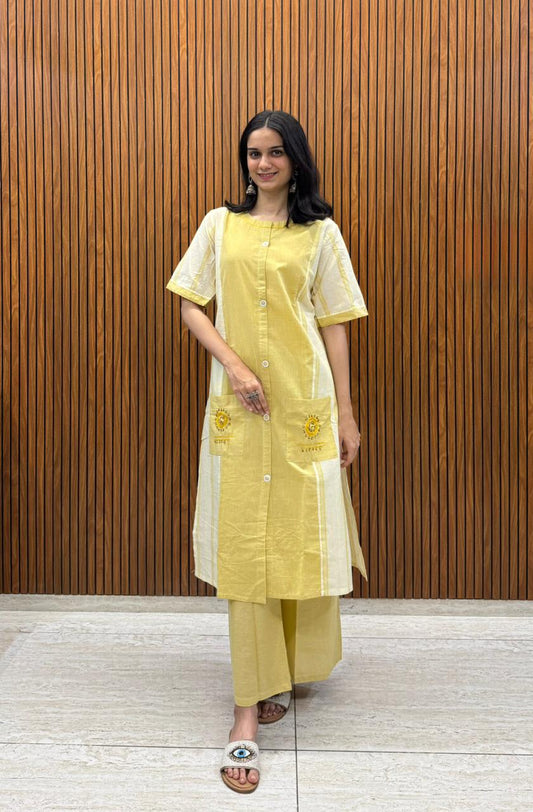 Kurta Palazzo Set In Mustard Shade With Fine Pocket Work In Handloom Cotton.