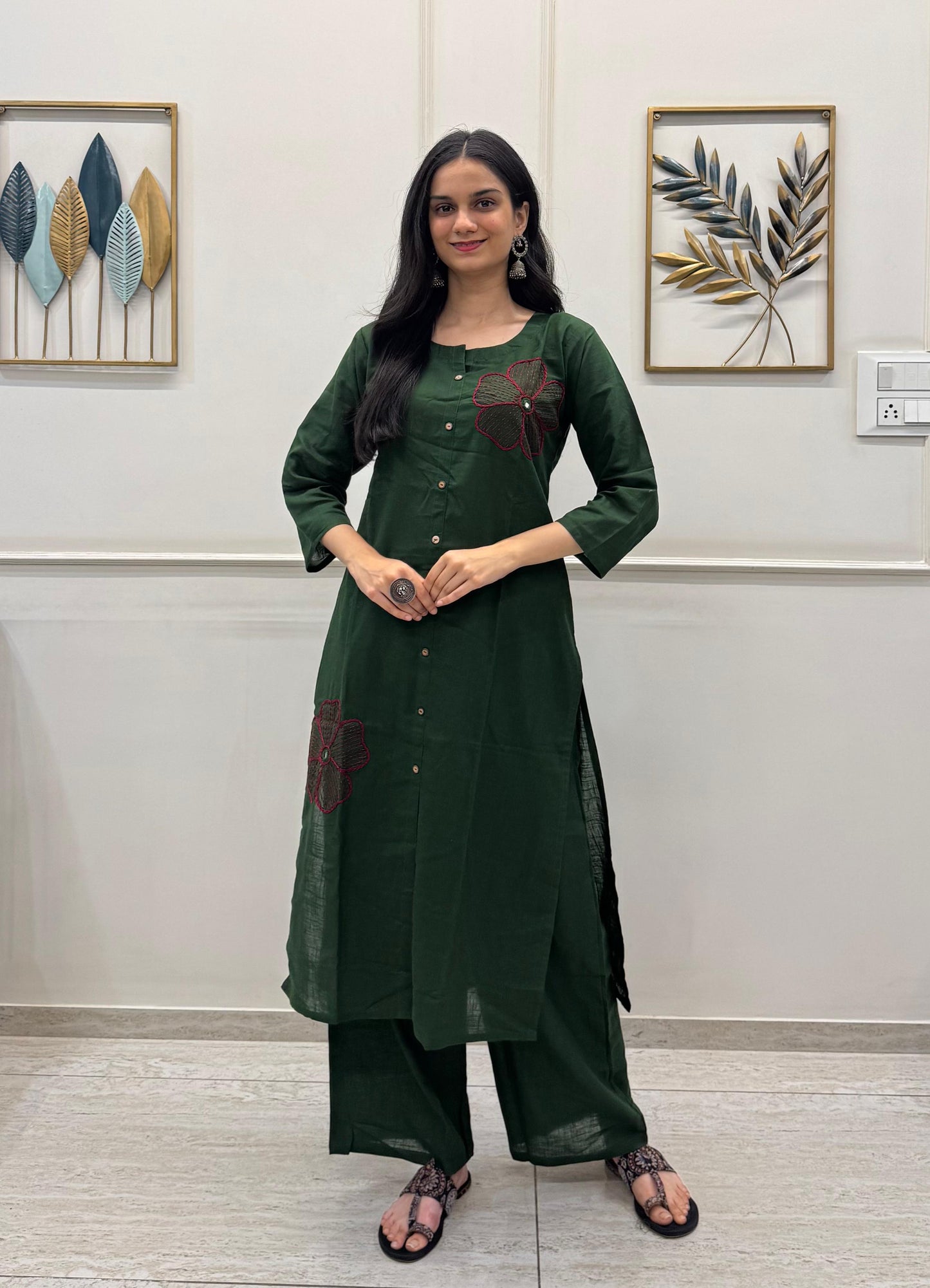 Deep Green Cotton Kurta Set With Hand Embroidery Floral Motifs.