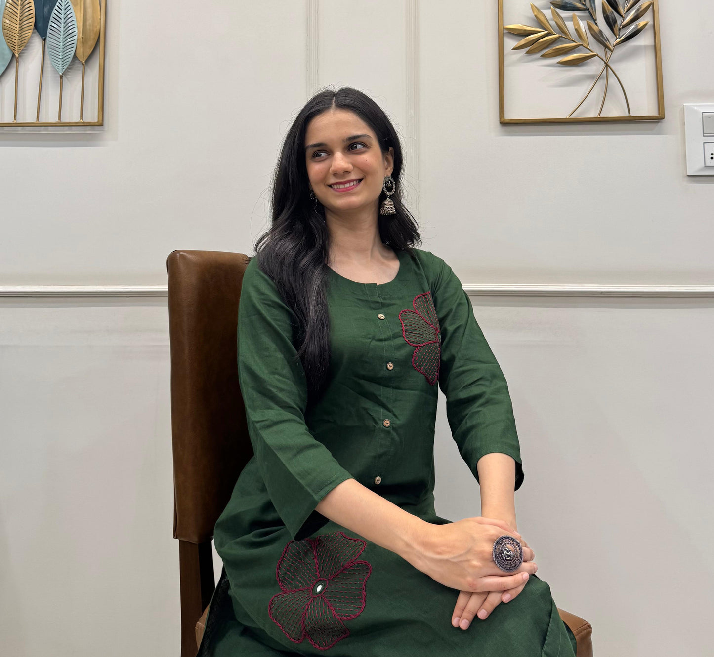 Deep Green Cotton Kurta Set With Hand Embroidery Floral Motifs.