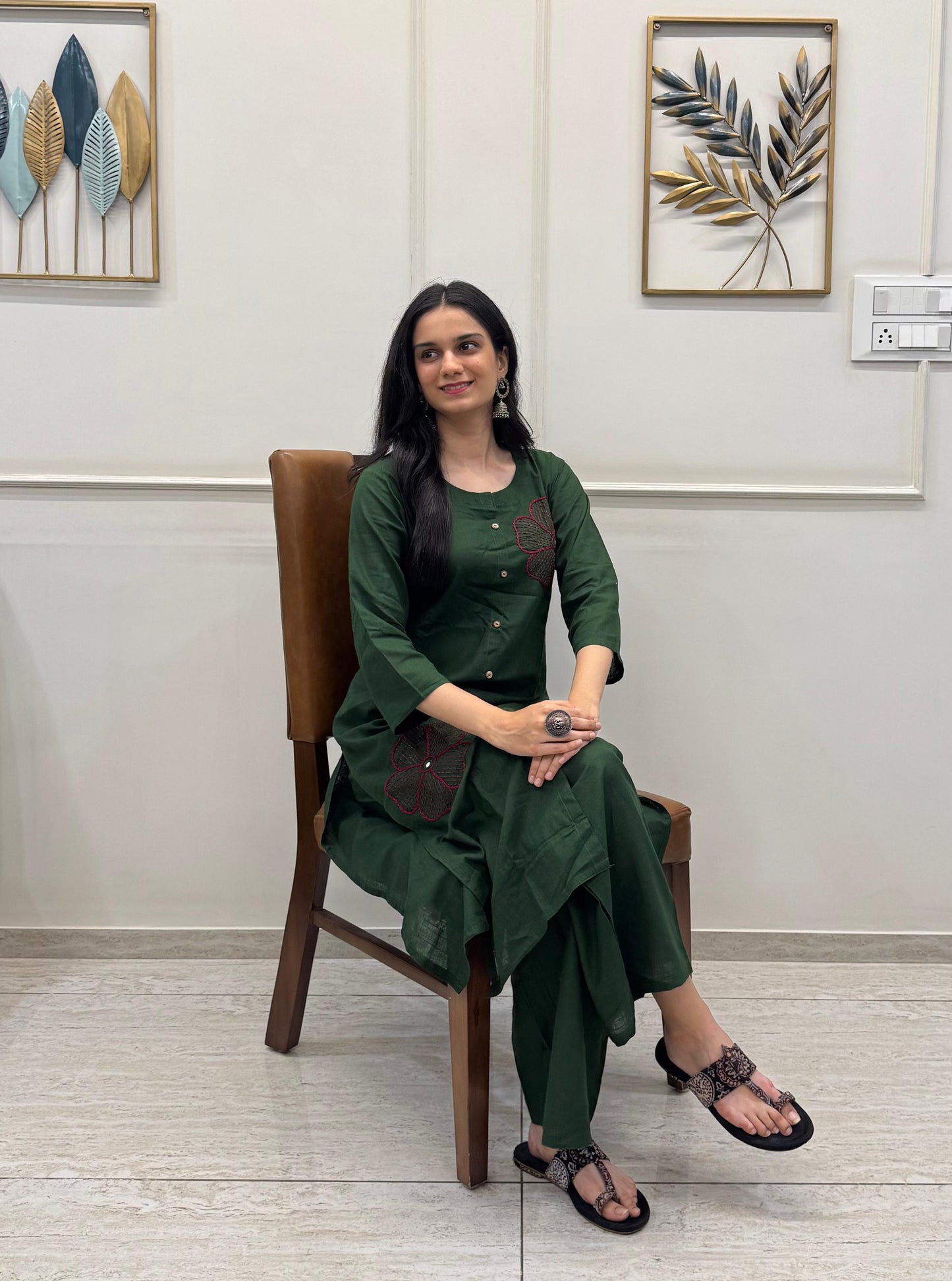 Deep Green Cotton Kurta Set With Hand Embroidery Floral Motifs.