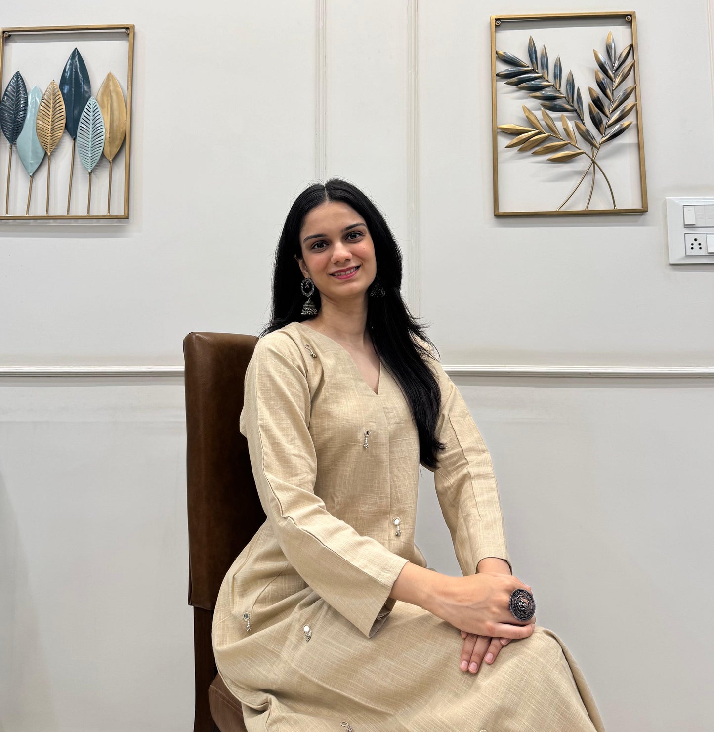 Khakhi A-Line Kurta Pant Set In Breathable Cotton And Adorned With Mirror Handwork And Danity Tassels.