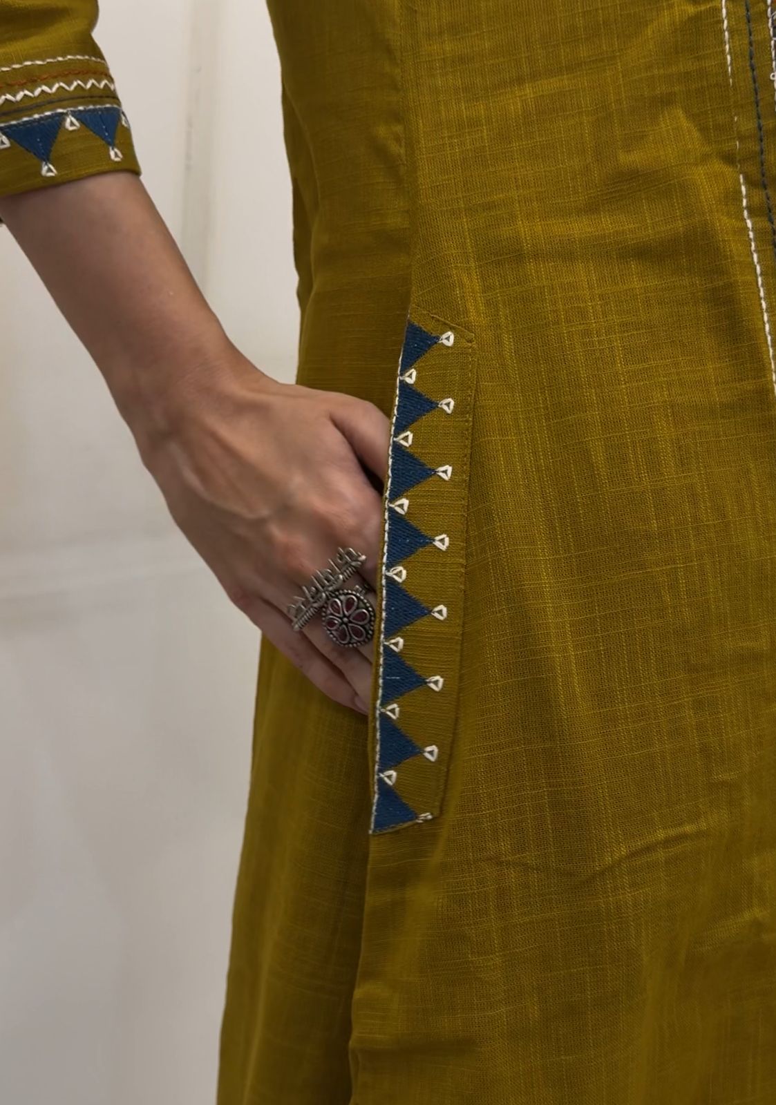 Mustard Cotton Kurta Pant Set With Delicate Multicolour Embroidery.