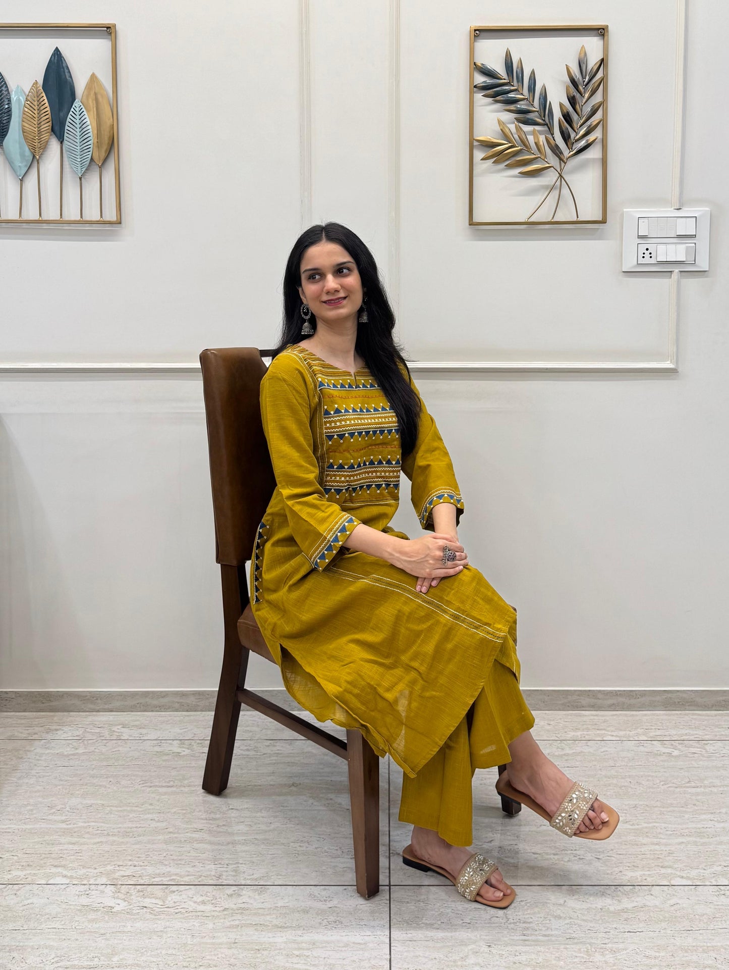 Mustard Cotton Kurta Pant Set With Delicate Multicolour Embroidery.