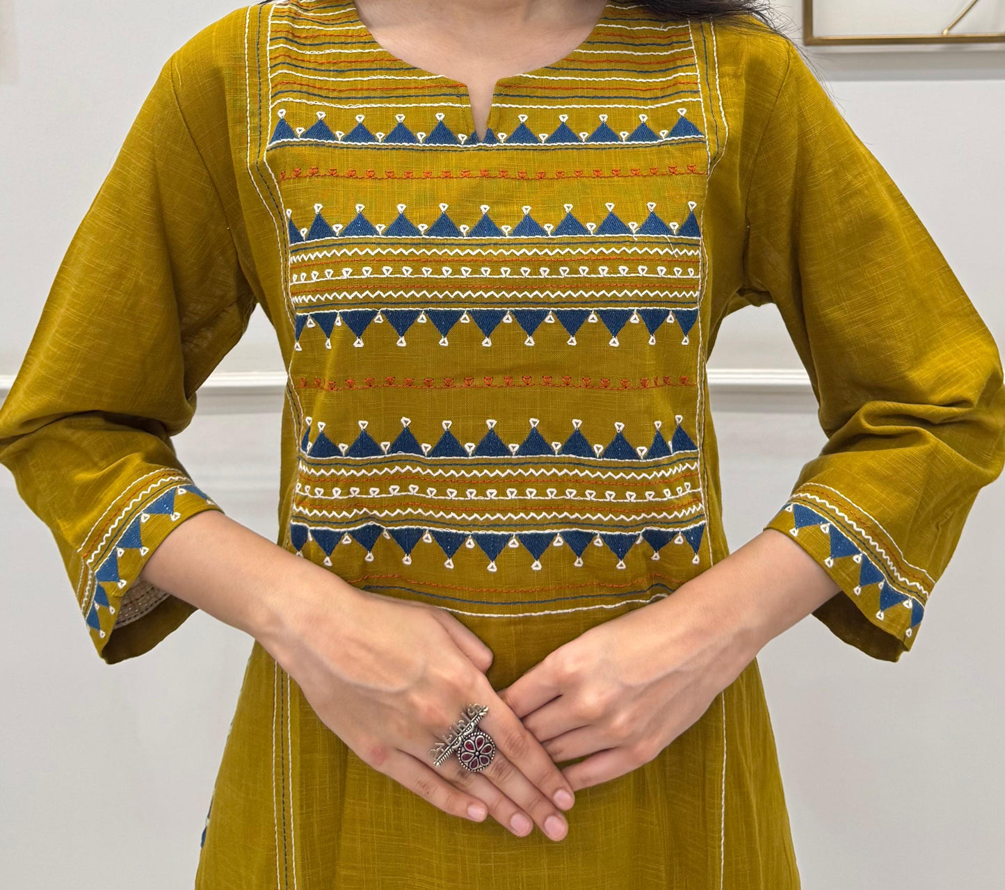 Mustard Cotton Kurta Pant Set With Delicate Multicolour Embroidery.