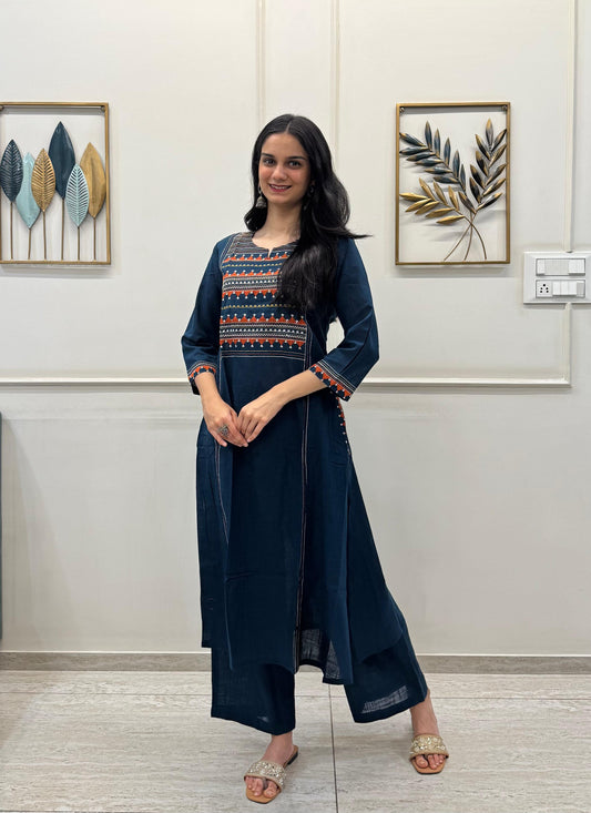 Navy Cotton Kurti Set With Multicolour Embroidery.