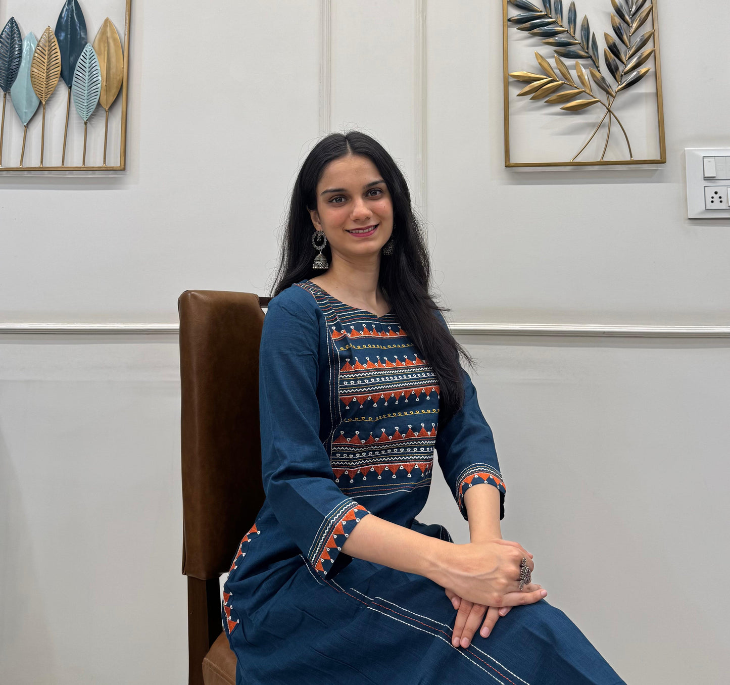 Navy Cotton Kurti Set With Multicolour Embroidery.