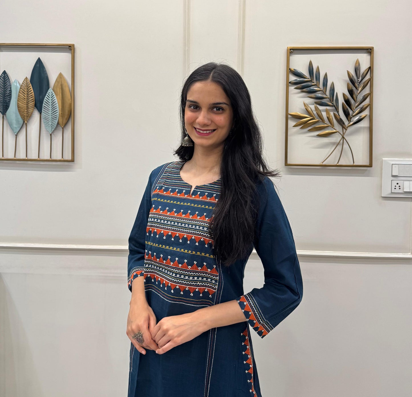 Navy Cotton Kurti Set With Multicolour Embroidery.