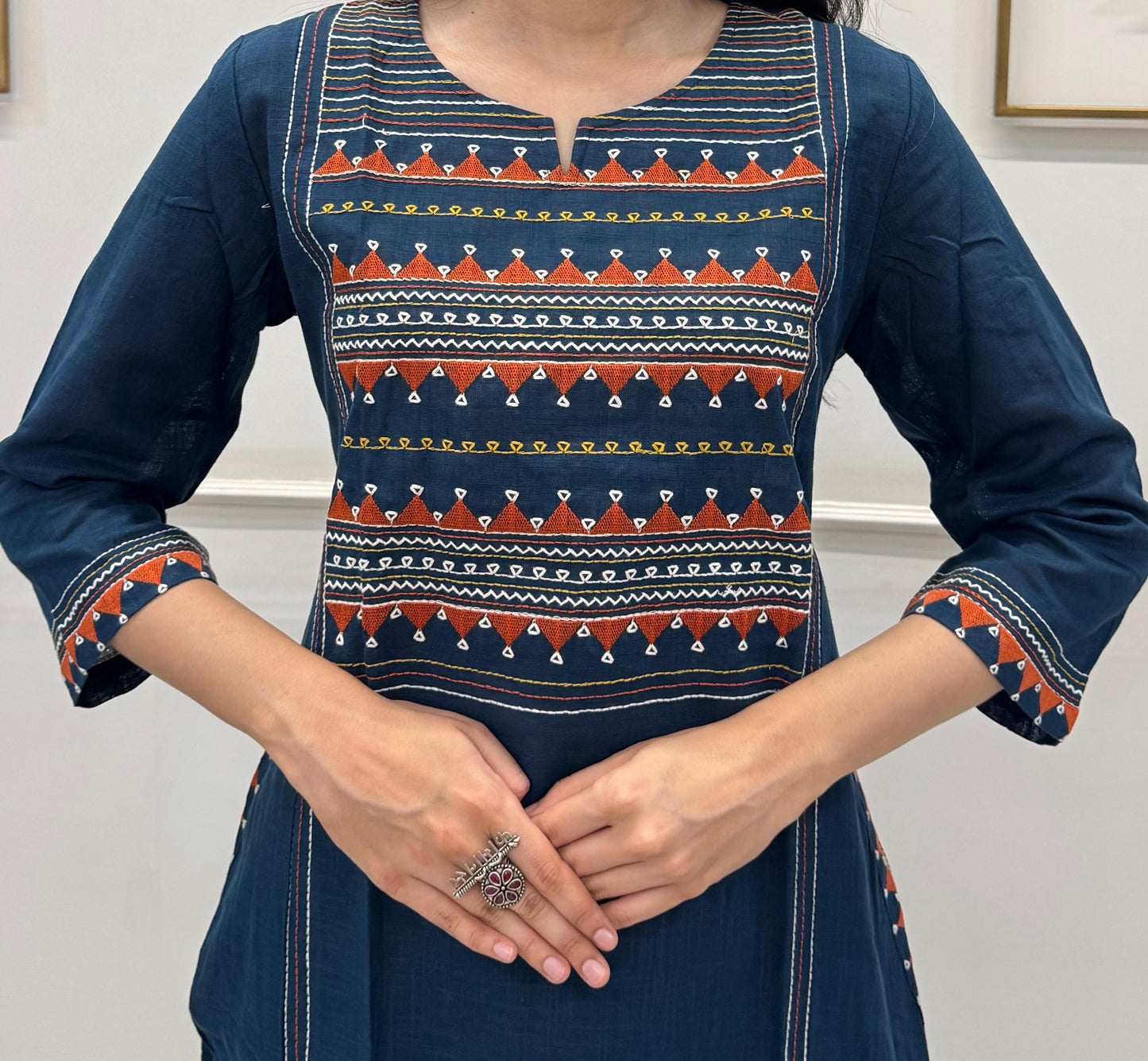 Navy Cotton Kurti Set With Multicolour Embroidery.