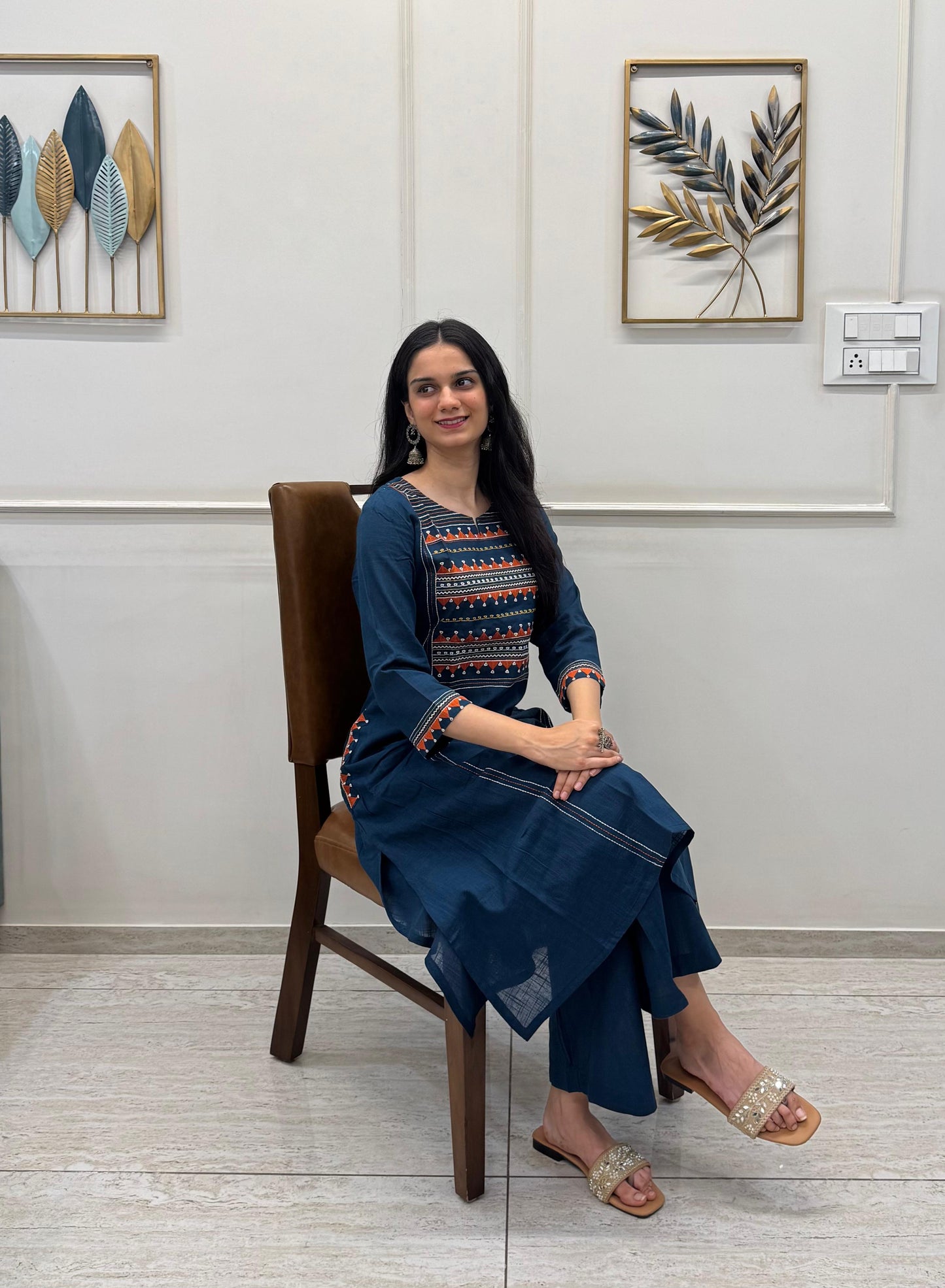 Navy Cotton Kurti Set With Multicolour Embroidery.