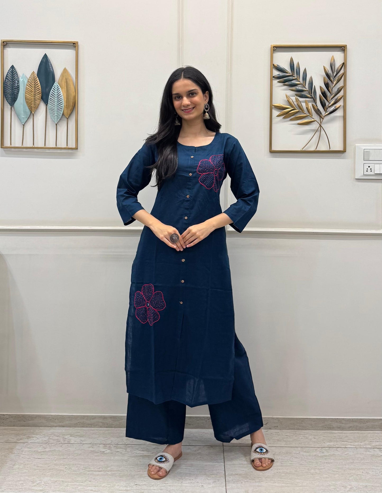 Deep Navy Blue Cotton Kurta Set Adorned With Hand Embroidery Floral Motifs.