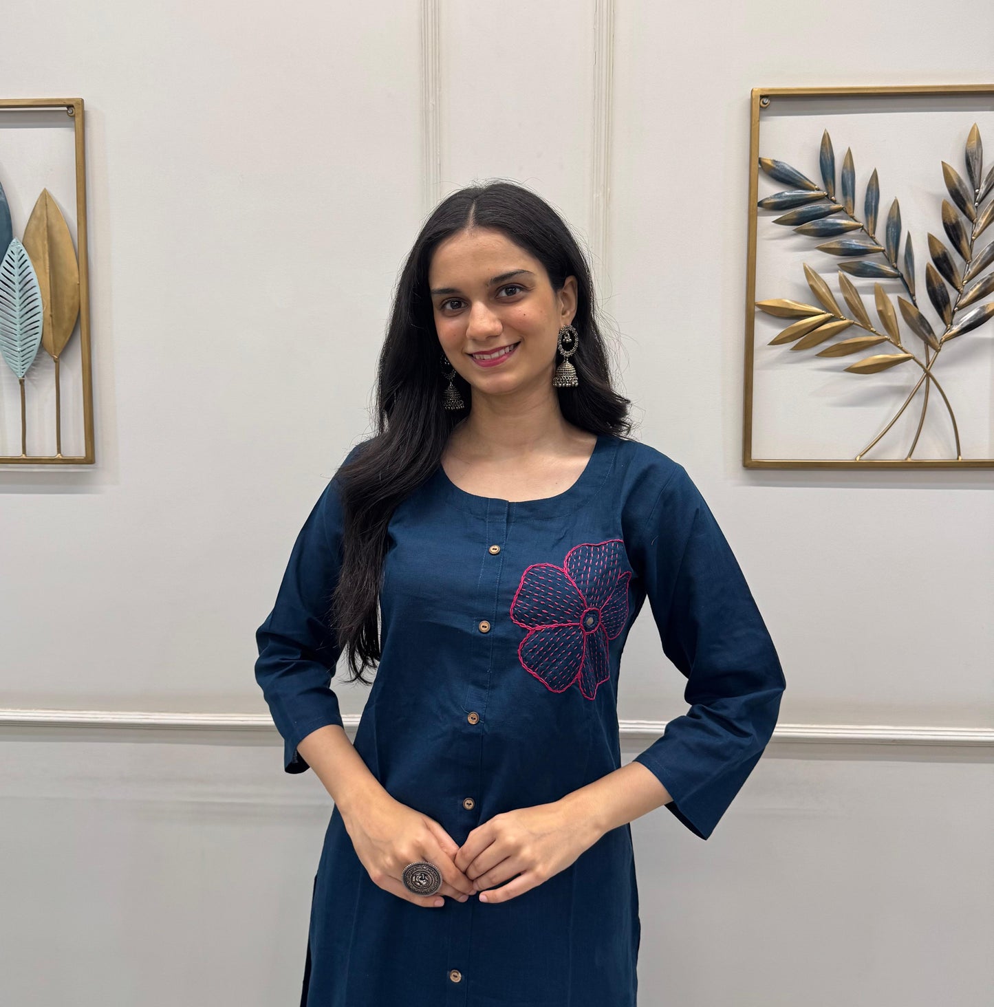 Deep Navy Blue Cotton Kurta Set Adorned With Hand Embroidery Floral Motifs.