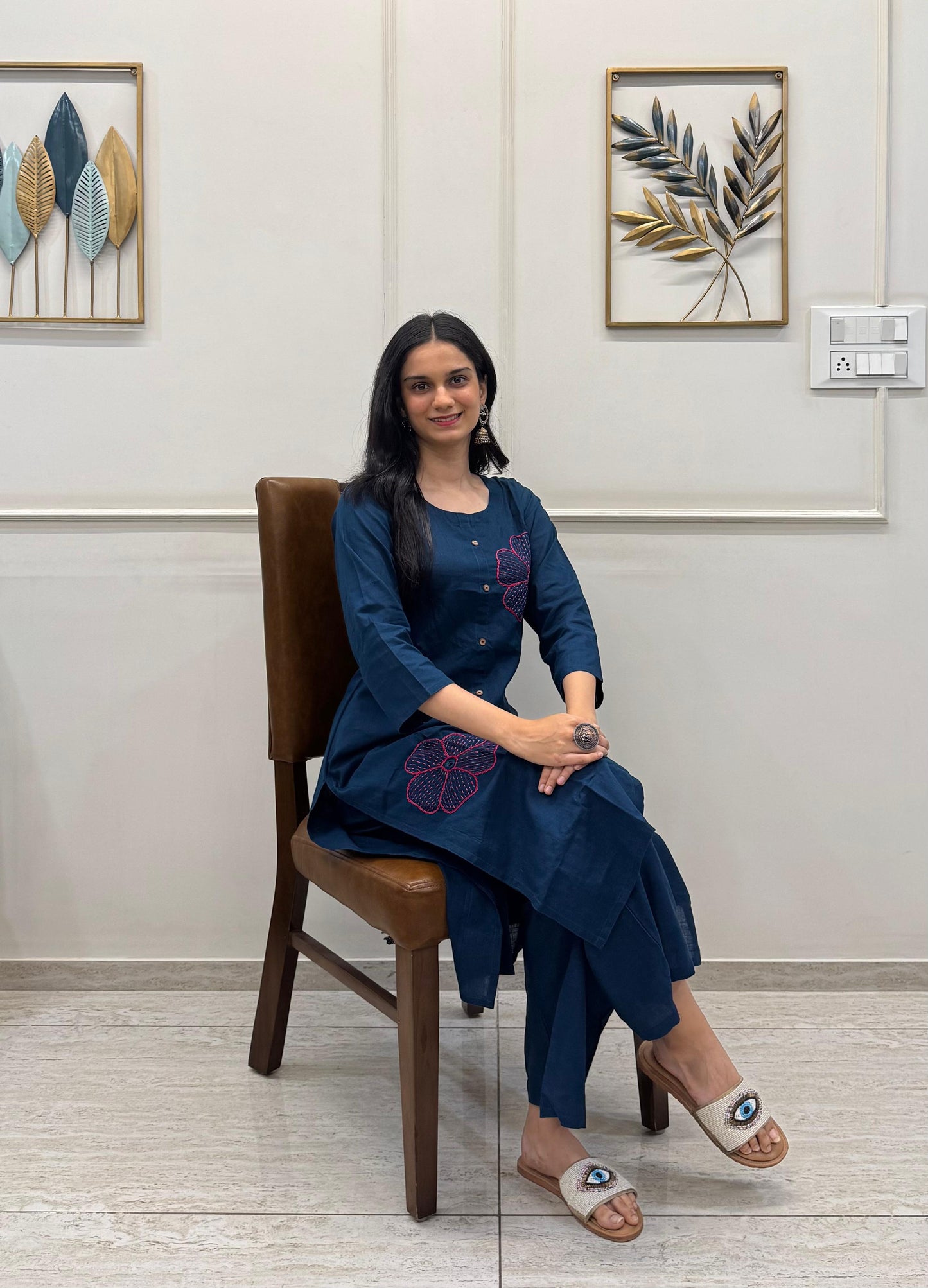 Deep Navy Blue Cotton Kurta Set Adorned With Hand Embroidery Floral Motifs.