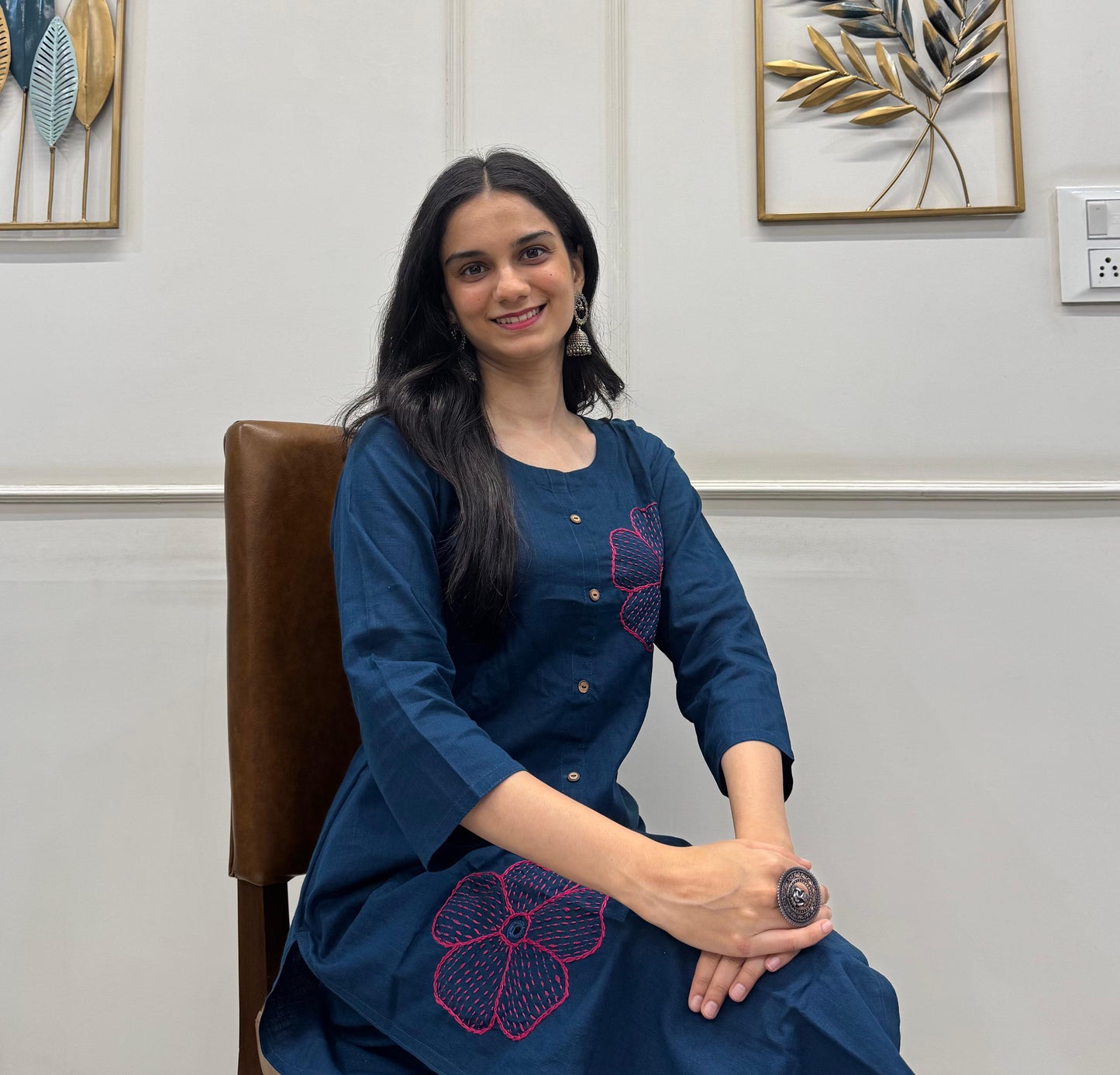 Deep Navy Blue Cotton Kurta Set Adorned With Hand Embroidery Floral Motifs.