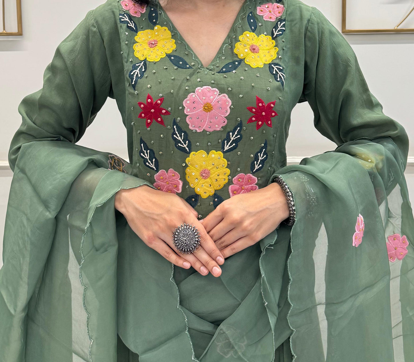Soft Green Mul Chanderi Kurta Pant Dupatta Set With Embroidery Patch Work.