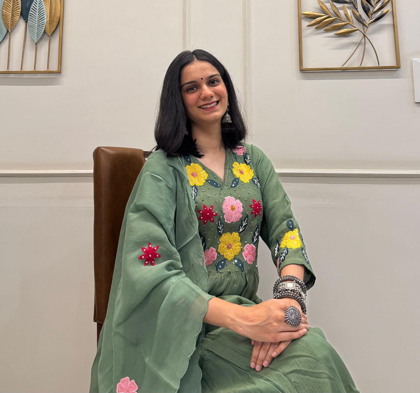 Soft Green Mul Chanderi Kurta Pant Dupatta Set With Embroidery Patch Work.