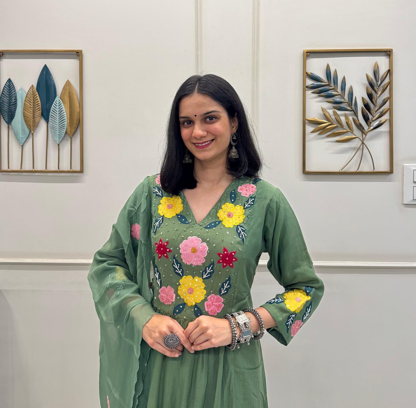 Soft Green Mul Chanderi Kurta Pant Dupatta Set With Embroidery Patch Work.