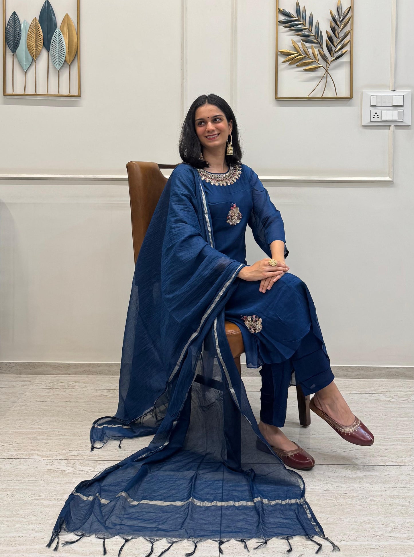 Blue Mul Chanderi Silk Kurta Pant Set With Handwork And Stunning Chanderi Dupatta.