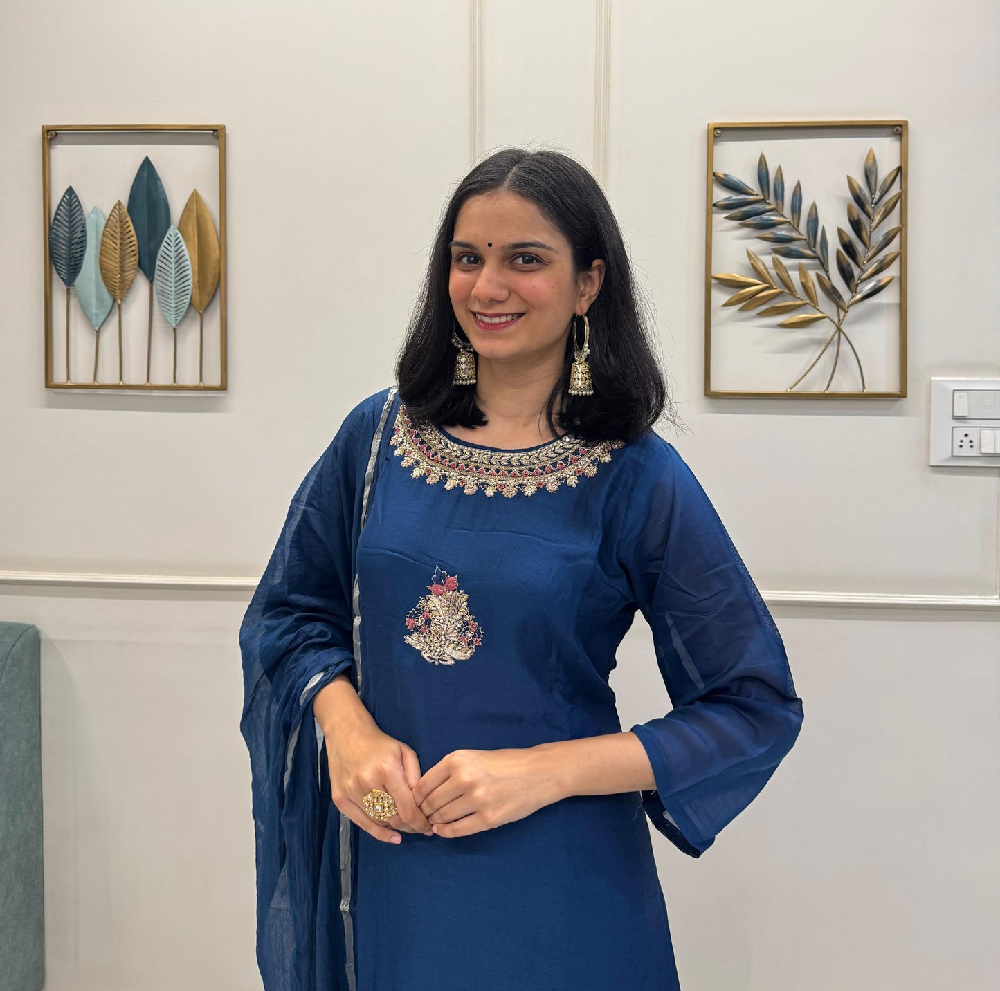 Blue Mul Chanderi Silk Kurta Pant Set With Handwork And Stunning Chanderi Dupatta.