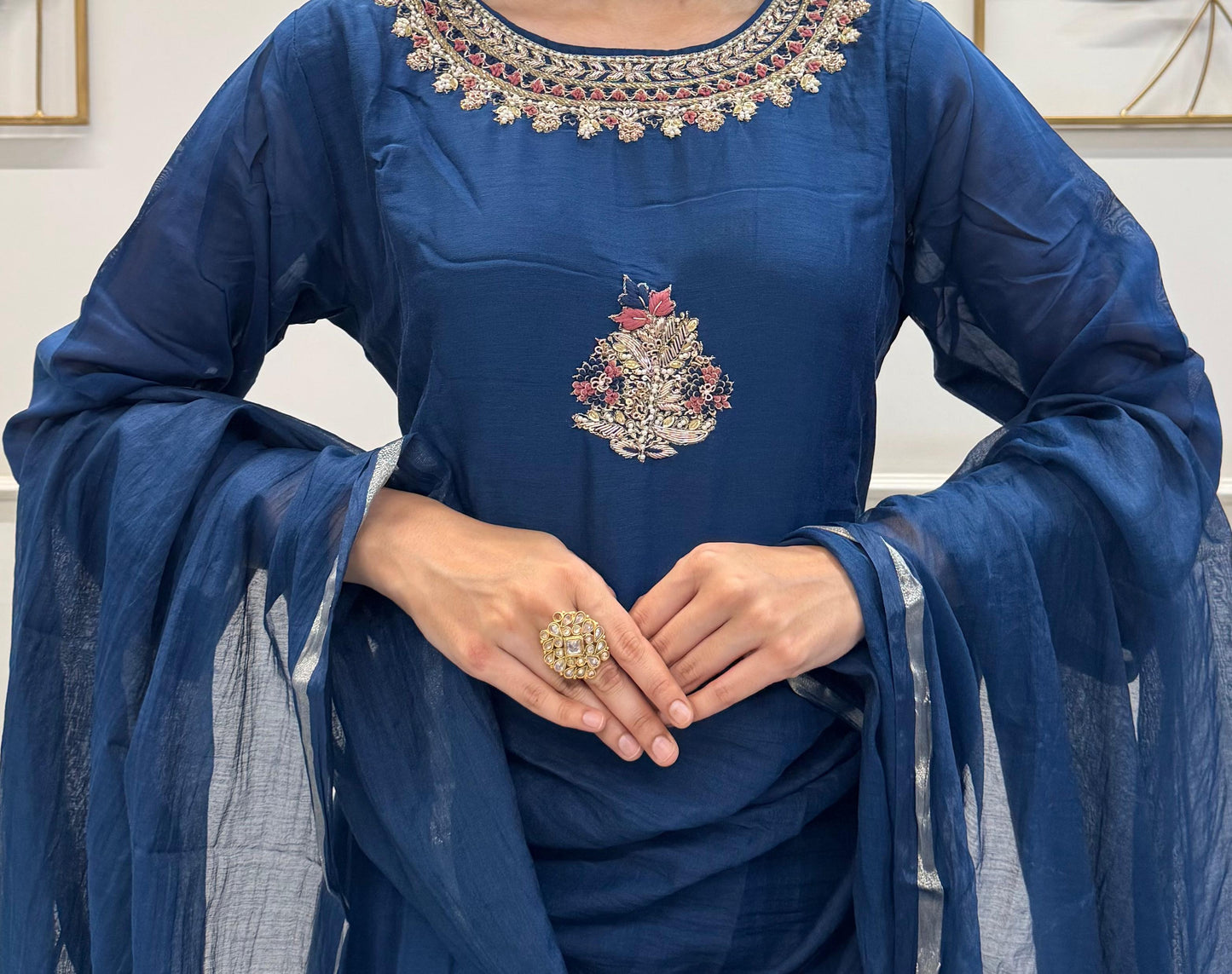 Blue Mul Chanderi Silk Kurta Pant Set With Handwork And Stunning Chanderi Dupatta.