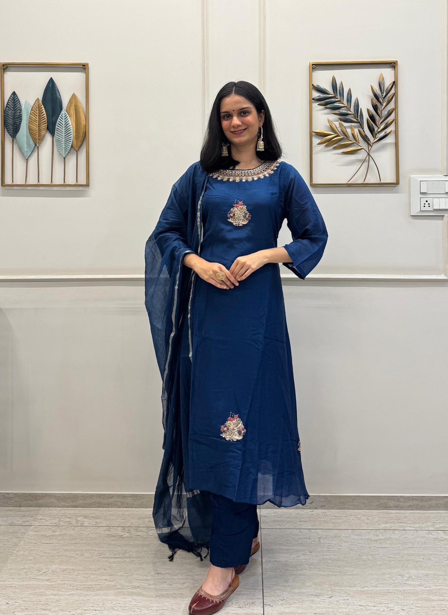 Blue Mul Chanderi Silk Kurta Pant Set With Handwork And Stunning Chanderi Dupatta.