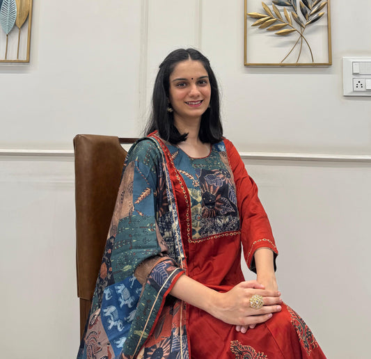 Red Rust Gaji Silk Kurta Set With Ajrakh Patch Work With A Ajrakh Dupatta.