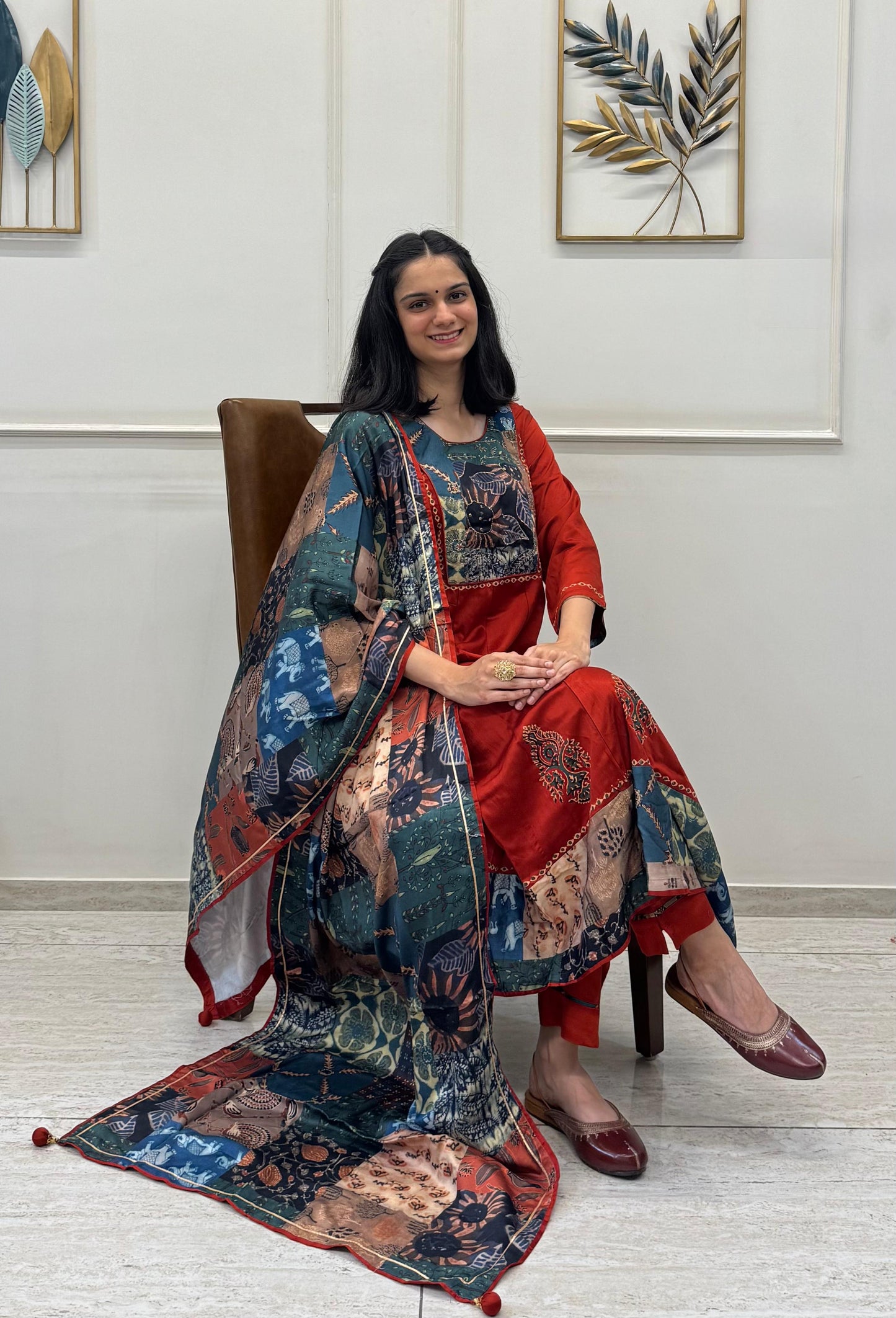 Red Rust Gaji Silk Kurta Set With Ajrakh Patch Work With A Ajrakh Dupatta.