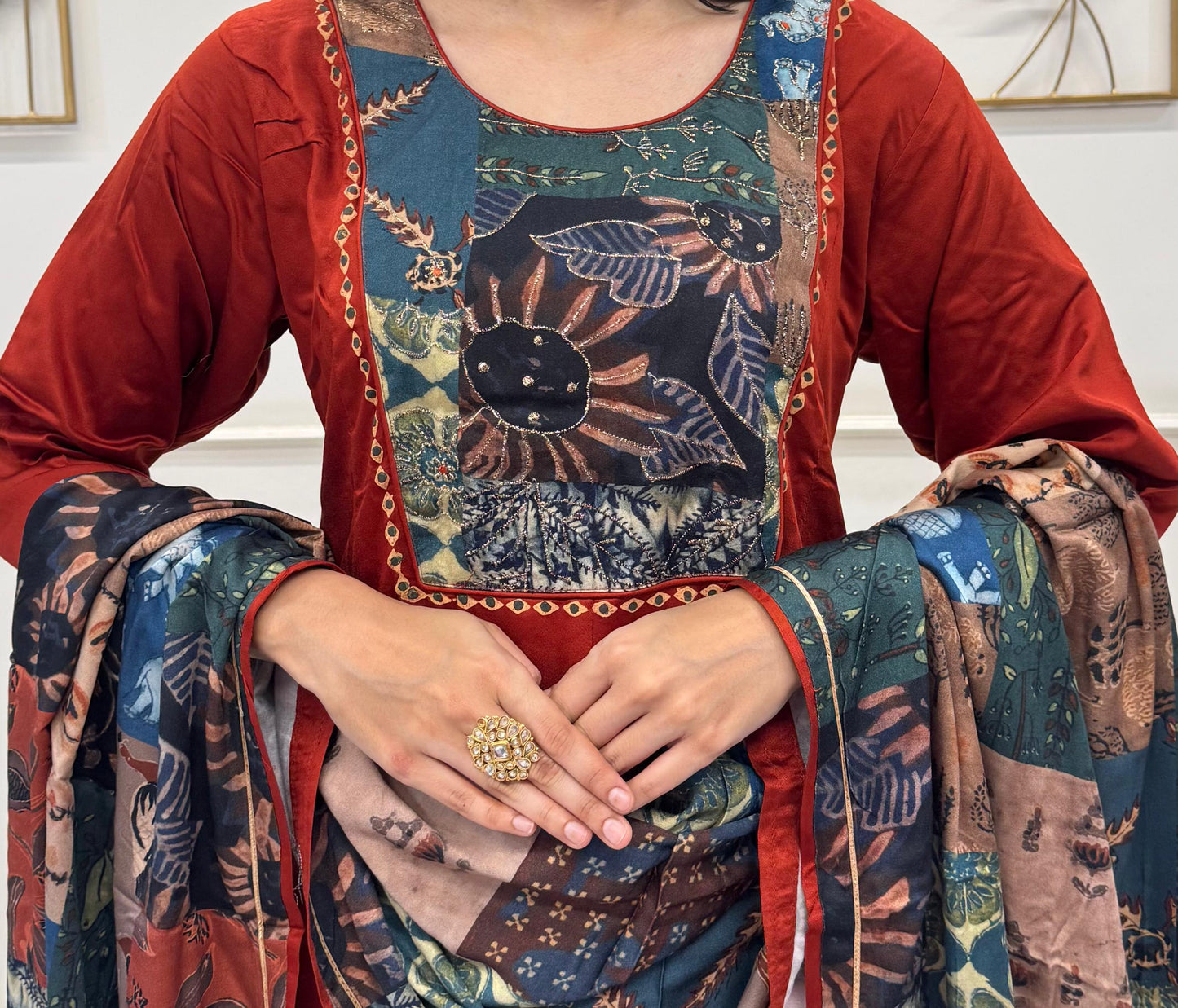 Red Rust Gaji Silk Kurta Set With Ajrakh Patch Work With A Ajrakh Dupatta.