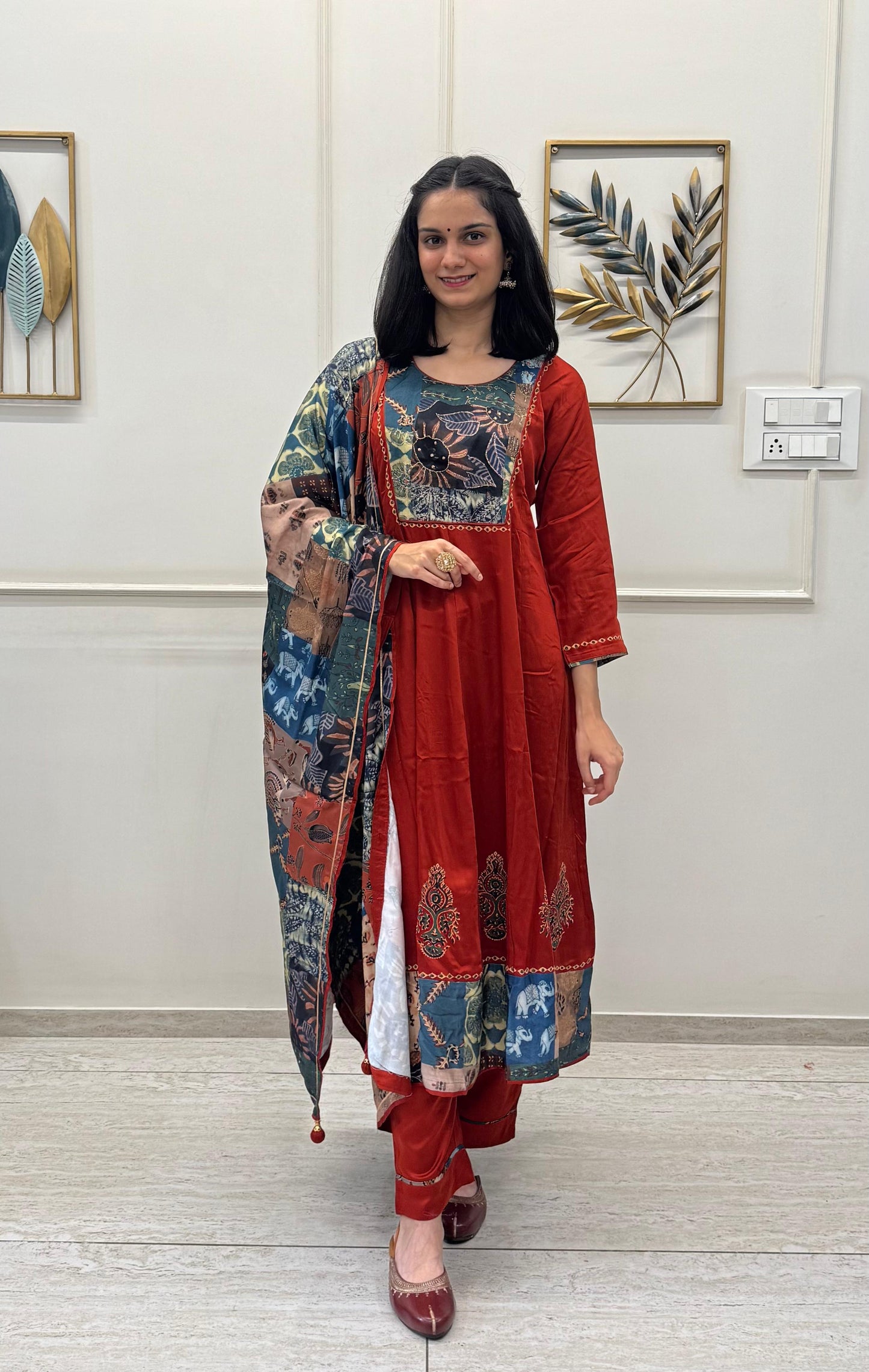 Red Rust Gaji Silk Kurta Set With Ajrakh Patch Work With A Ajrakh Dupatta.