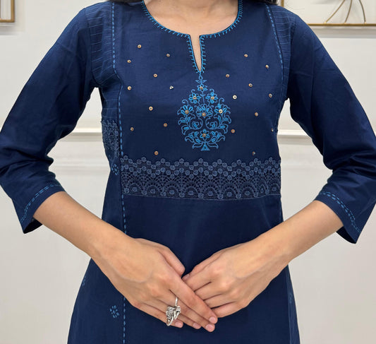 Deep Navy  Kurta Set Crafted In Soft Organic Cotton With Block Prints, Tiny Sequins, And A Lace Detailed Neckline.