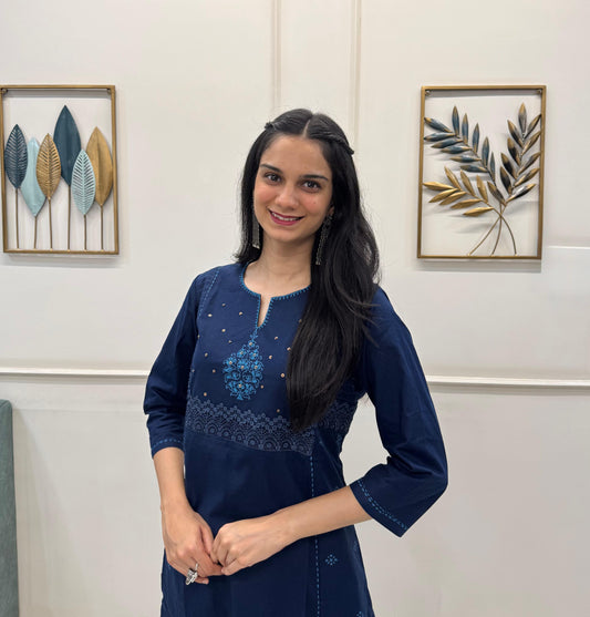 Deep Navy  Kurta Set Crafted In Soft Organic Cotton With Block Prints, Tiny Sequins, And A Lace Detailed Neckline.
