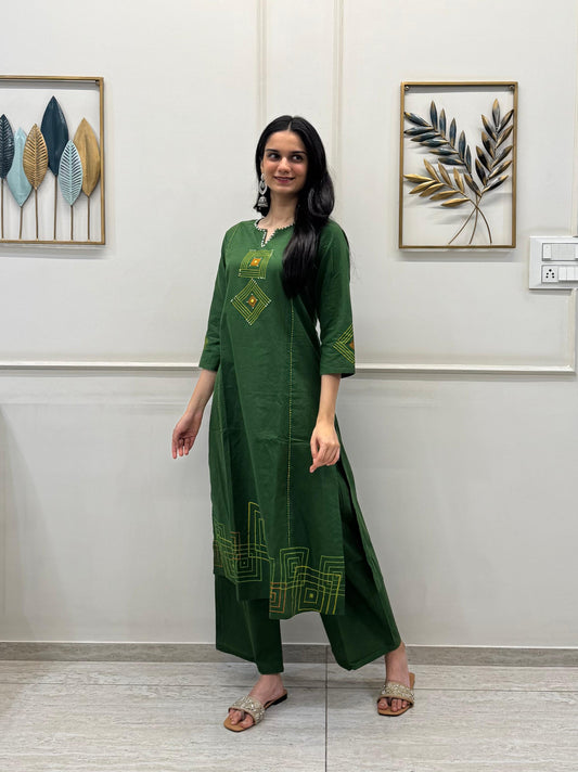 A-Line Kurta Pant Set With Fine Block Print Soft Pearl Highlights On Pure Cotton.