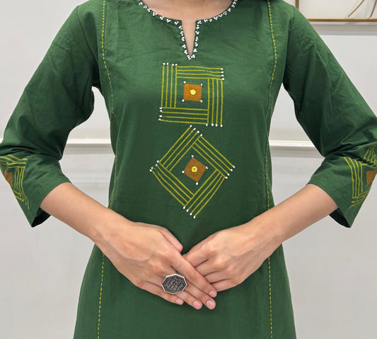 A-Line Kurta Pant Set With Fine Block Print Soft Pearl Highlights On Pure Cotton.