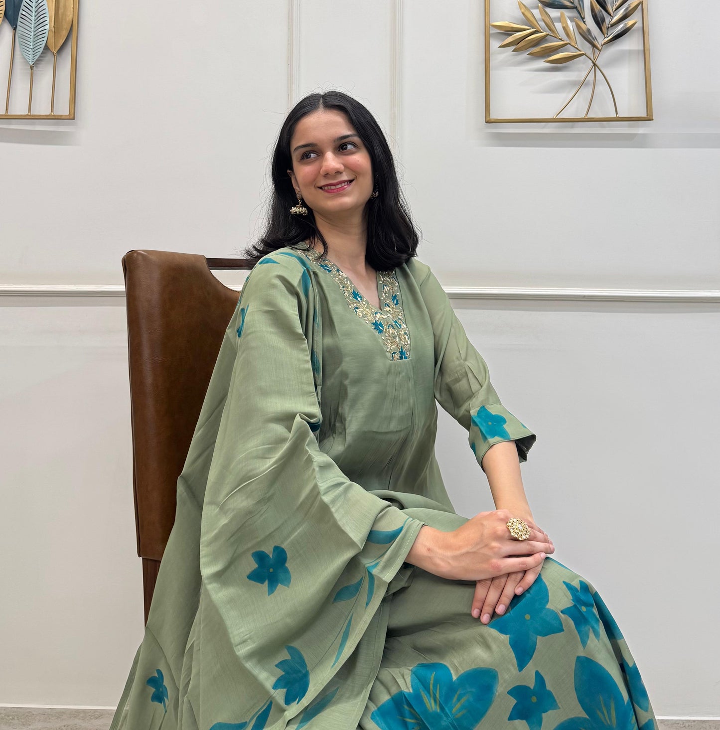 Mul Chanderi Silk Kurti Pant Dupatta Set In Light Green Colour With Digital Print.