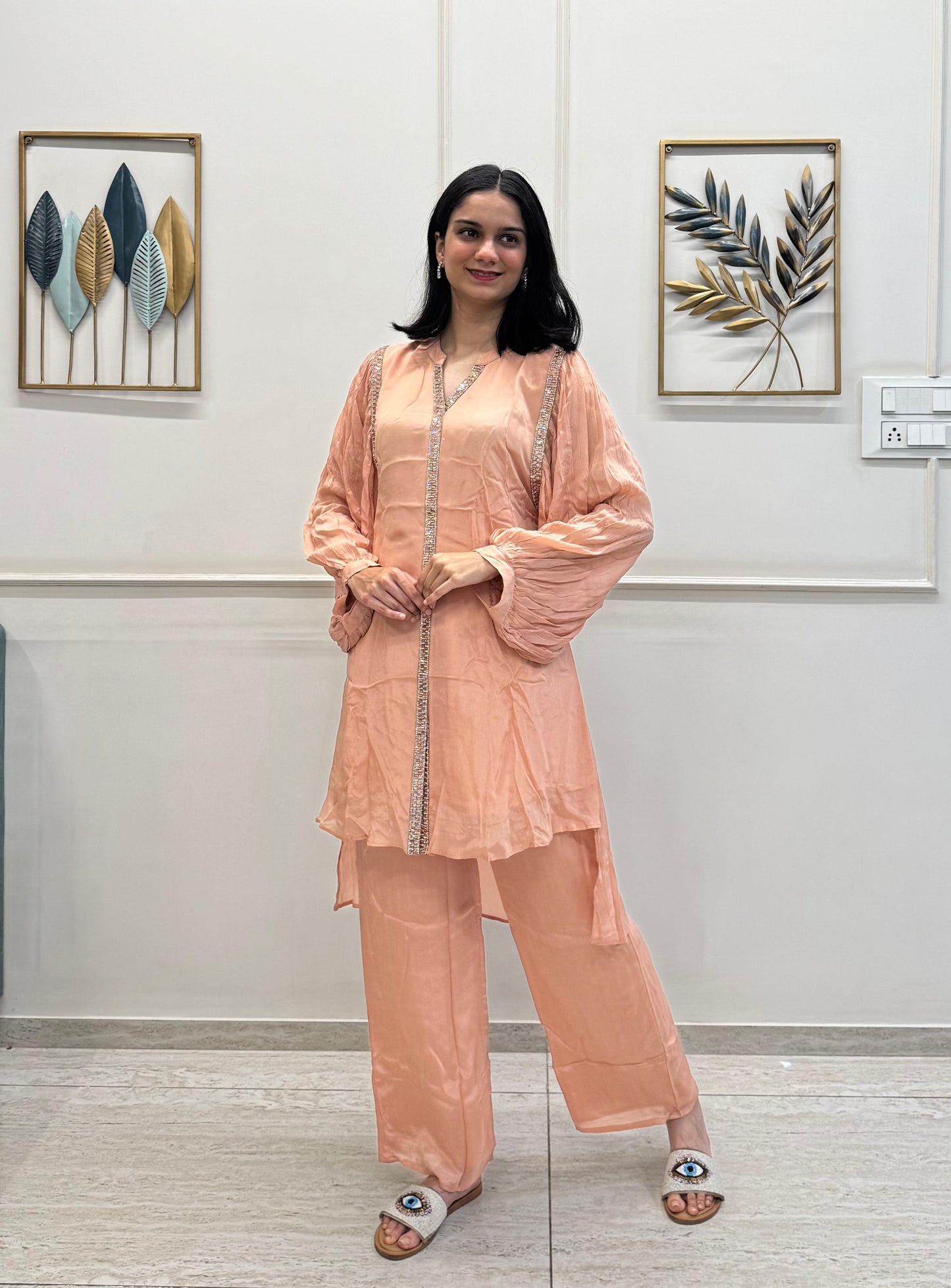 Peach Chinon Co-ord Set With Balloon Sleeves And Sparkling Stone Detailing.