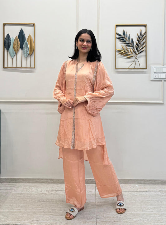 Peach Chinon Co-ord Set With Balloon Sleeves And Sparkling Stone Detailing.