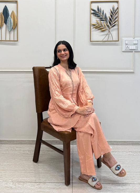 Peach Chinon Co-ord Set With Balloon Sleeves And Sparkling Stone Detailing.