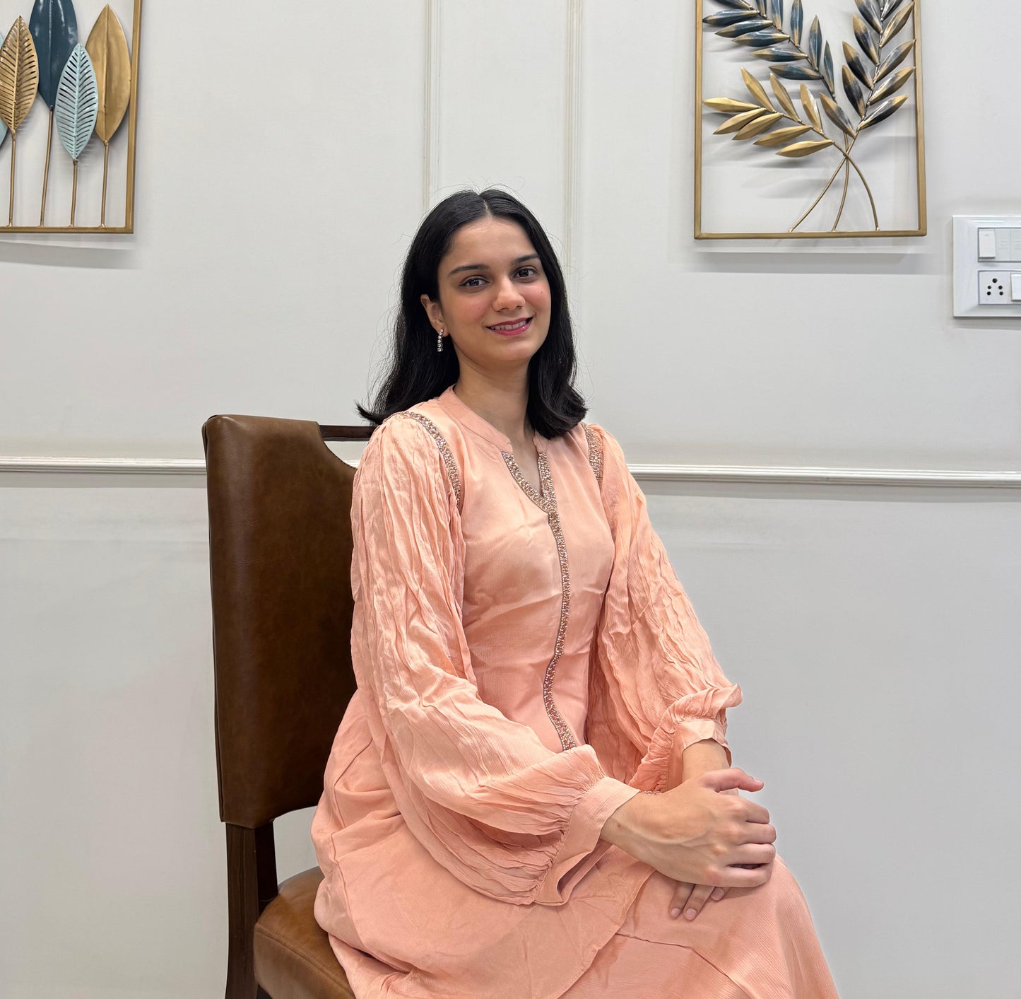 Peach Chinon Co-ord Set With Balloon Sleeves And Sparkling Stone Detailing.