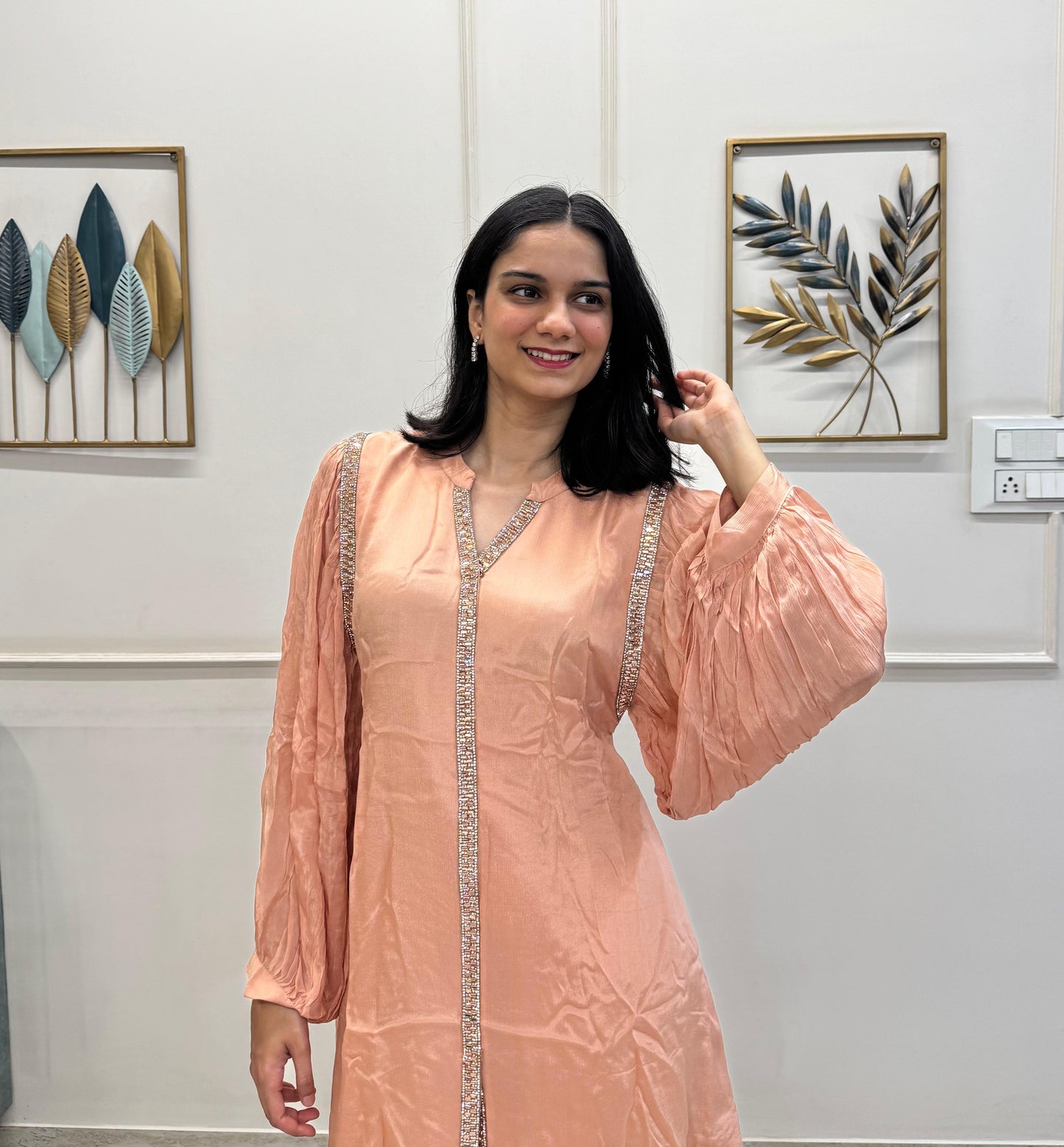 Peach Chinon Co-ord Set With Balloon Sleeves And Sparkling Stone Detailing.