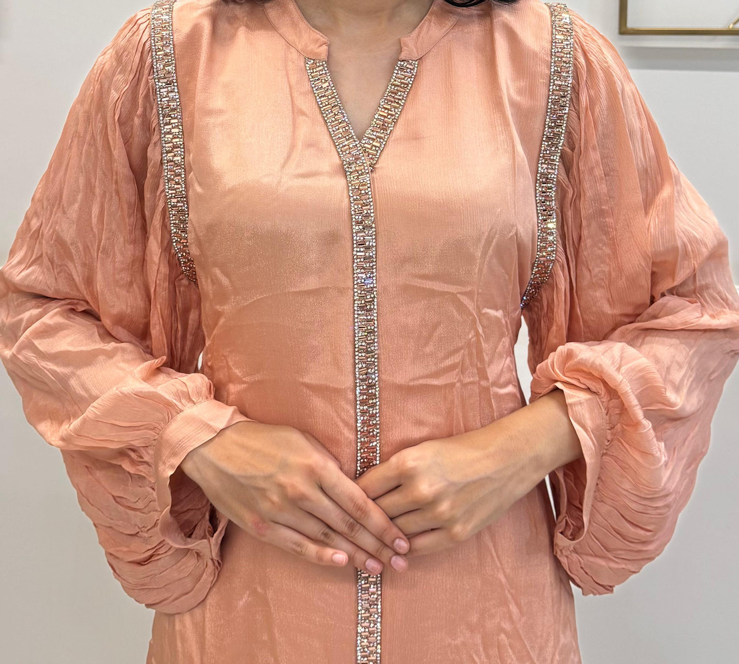 Peach Chinon Co-ord Set With Balloon Sleeves And Sparkling Stone Detailing.