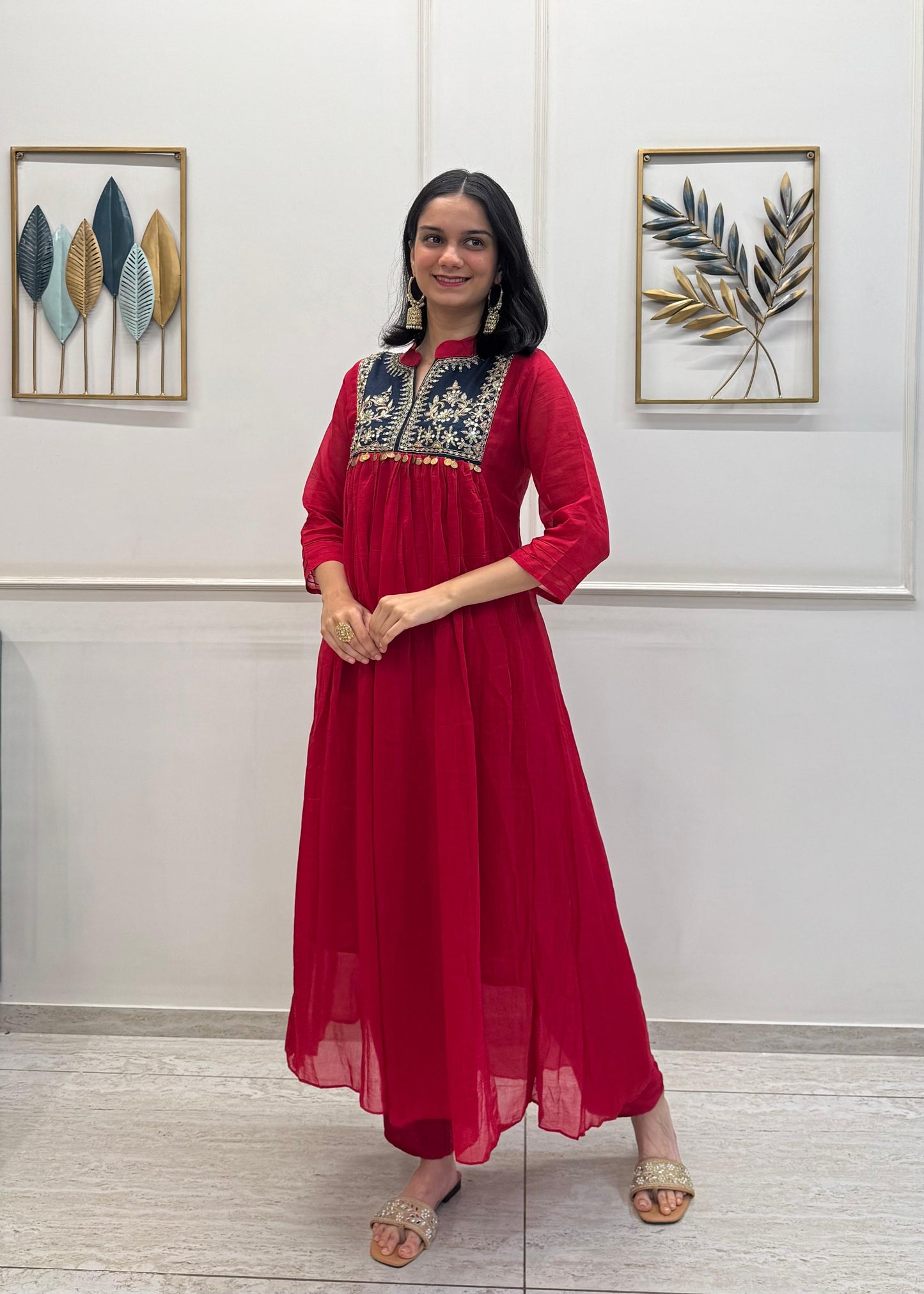 Red Mul Chanderi Anarkali Handwork Kurta Pant Dupatta Set.