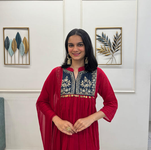 Red Mul Chanderi Anarkali Handwork Kurta Pant Dupatta Set.