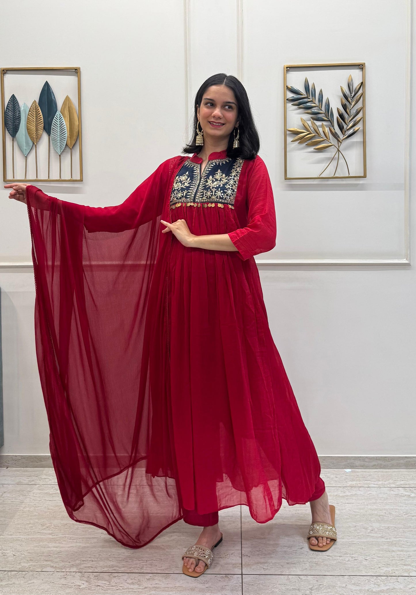 Red Mul Chanderi Anarkali Handwork Kurta Pant Dupatta Set.