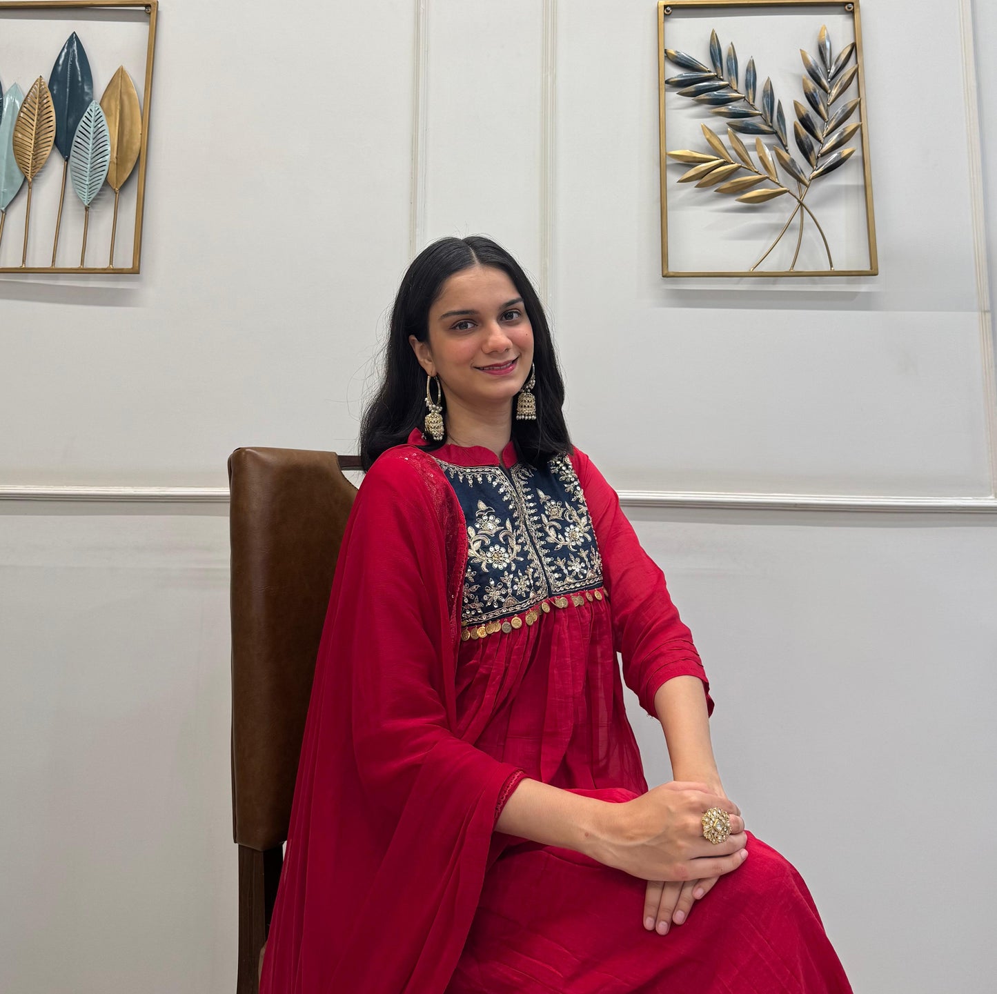 Red Mul Chanderi Anarkali Handwork Kurta Pant Dupatta Set.